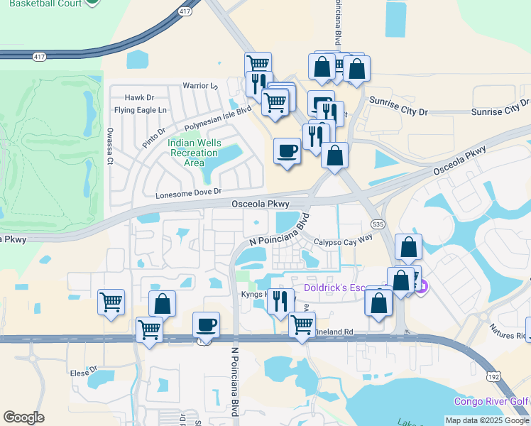 map of restaurants, bars, coffee shops, grocery stores, and more near 3161 Tocoa Circle in Kissimmee