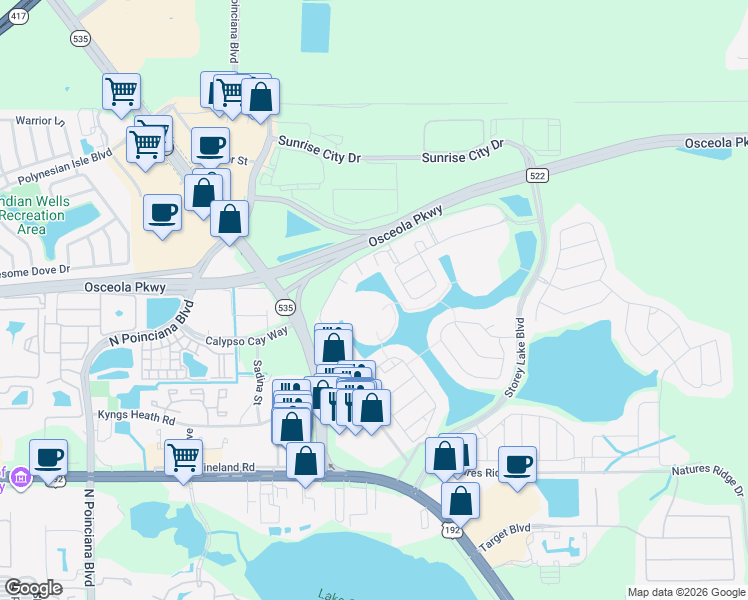 map of restaurants, bars, coffee shops, grocery stores, and more near 4885 Romeo Circle in Kissimmee