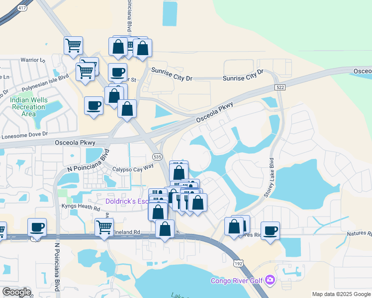 map of restaurants, bars, coffee shops, grocery stores, and more near 3061 Gatsby Street in Kissimmee
