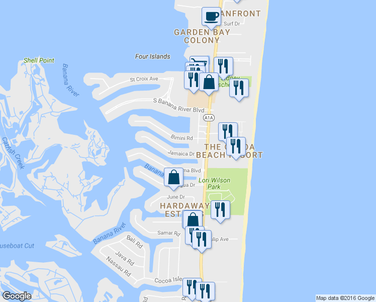 map of restaurants, bars, coffee shops, grocery stores, and more near 107 Jamaica Drive in Cocoa Beach