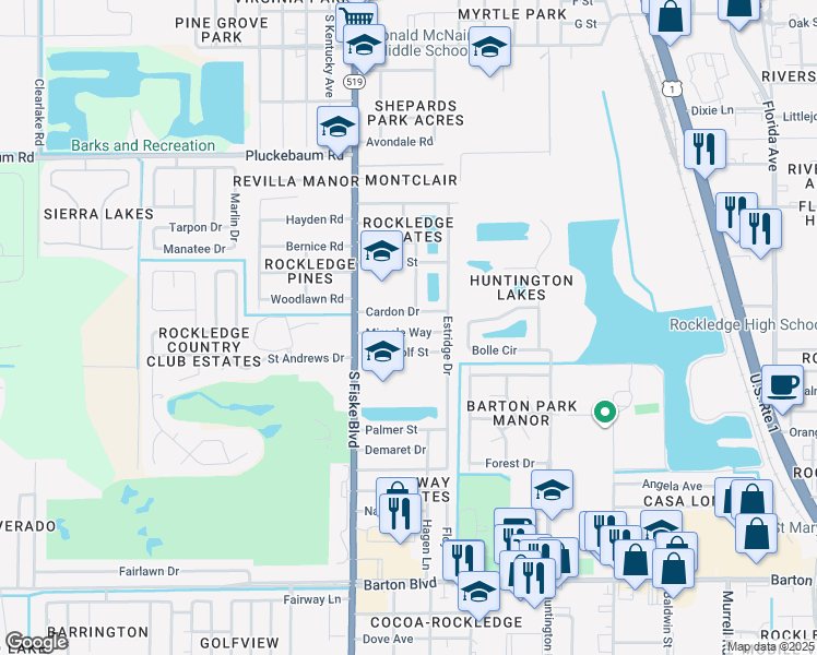 map of restaurants, bars, coffee shops, grocery stores, and more near 982 Miracle Way in Rockledge