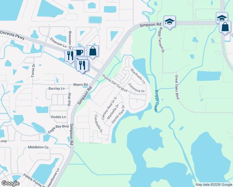 map of restaurants, bars, coffee shops, grocery stores, and more near 3044 Camino Real Drive South in Kissimmee
