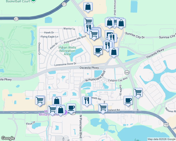 map of restaurants, bars, coffee shops, grocery stores, and more near 3125 Tocoa Circle in Kissimmee