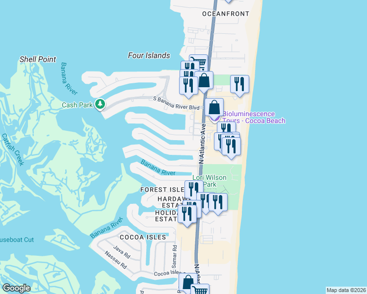 map of restaurants, bars, coffee shops, grocery stores, and more near 107 Jamaica Drive in Cocoa Beach