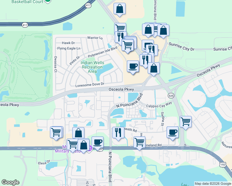 map of restaurants, bars, coffee shops, grocery stores, and more near 3125 Tocoa Circle in Kissimmee