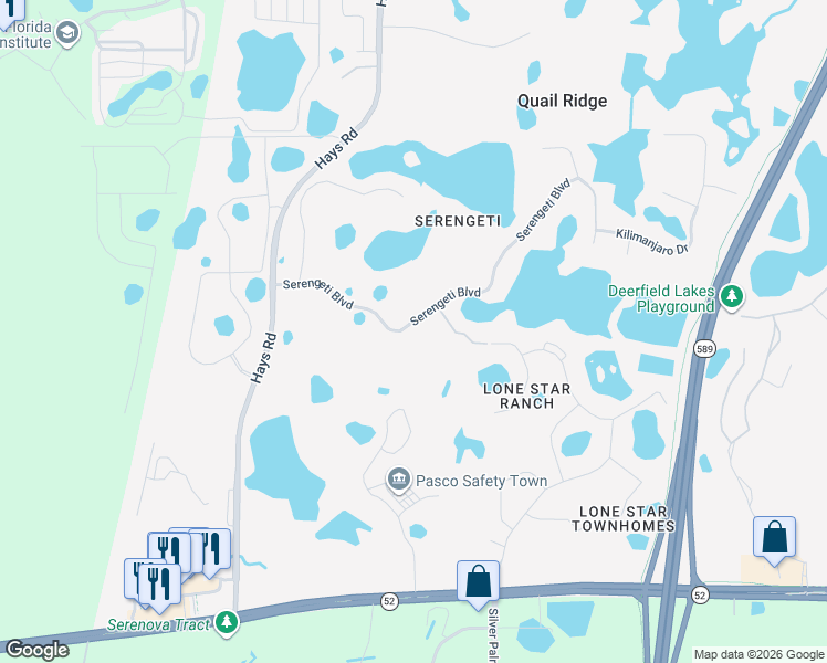 map of restaurants, bars, coffee shops, grocery stores, and more near 15304 Serengeti Boulevard in Spring Hill