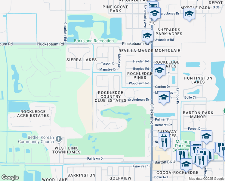 map of restaurants, bars, coffee shops, grocery stores, and more near 1278 Troon Way in Rockledge