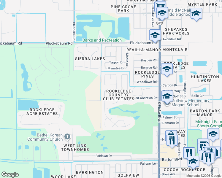 map of restaurants, bars, coffee shops, grocery stores, and more near 1304 Troon Way in Rockledge