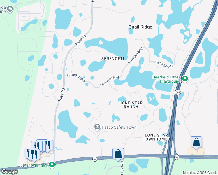 map of restaurants, bars, coffee shops, grocery stores, and more near 12533 Wildebeest Way in Spring Hill