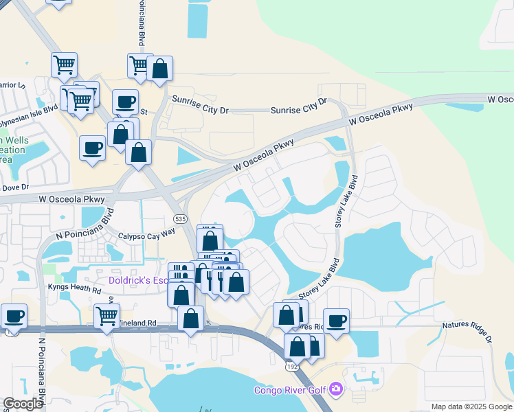 map of restaurants, bars, coffee shops, grocery stores, and more near 3131 Pequod Place in Kissimmee