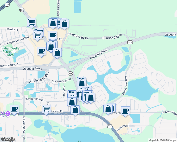 map of restaurants, bars, coffee shops, grocery stores, and more near 3061 Gatsby Street in Kissimmee