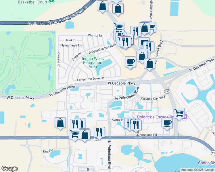 map of restaurants, bars, coffee shops, grocery stores, and more near 5133 Killarney Way in Kissimmee