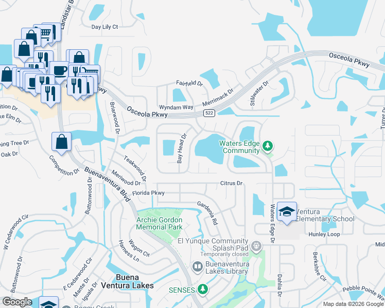 map of restaurants, bars, coffee shops, grocery stores, and more near 114 Zolfo Springs Court in Kissimmee