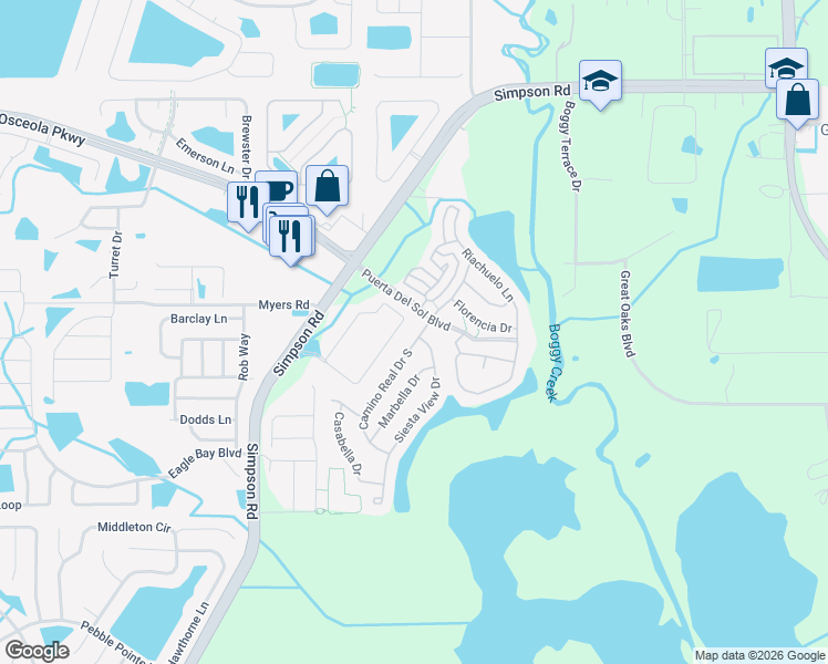 map of restaurants, bars, coffee shops, grocery stores, and more near 3044 Camino Real Drive South in Kissimmee