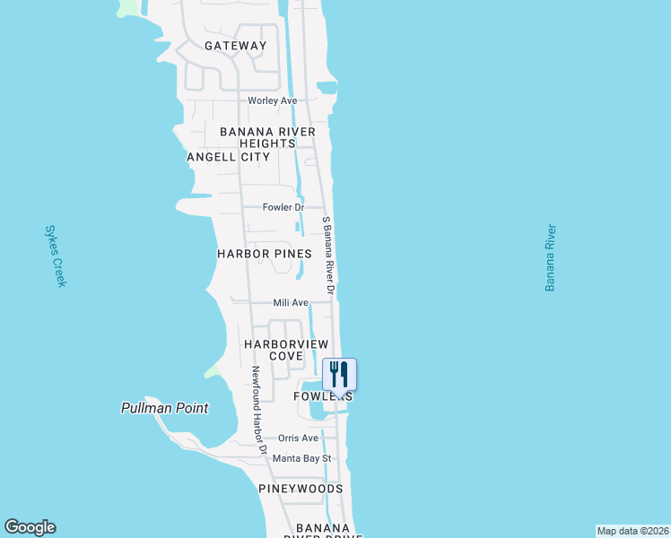 map of restaurants, bars, coffee shops, grocery stores, and more near 1015 South Banana River Drive in Merritt Island