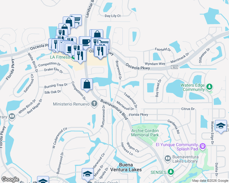 map of restaurants, bars, coffee shops, grocery stores, and more near 124 Lindenwood Court in Kissimmee