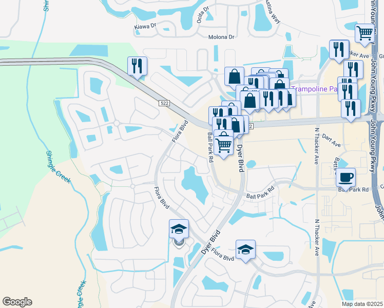 map of restaurants, bars, coffee shops, grocery stores, and more near 3341 Whitestone Circle in Kissimmee