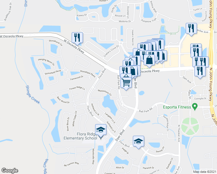 map of restaurants, bars, coffee shops, grocery stores, and more near 3341 Whitestone Circle in Kissimmee