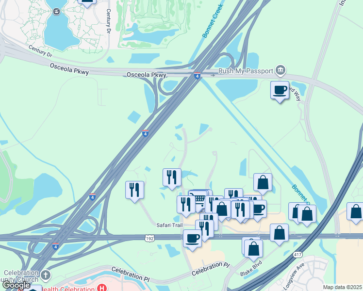 map of restaurants, bars, coffee shops, grocery stores, and more near 3035 Parkway Boulevard in Kissimmee
