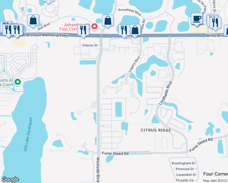 map of restaurants, bars, coffee shops, grocery stores, and more near 8951 Cuban Palm Road in Kissimmee