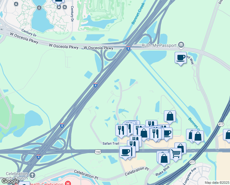 map of restaurants, bars, coffee shops, grocery stores, and more near 3036 Parkway Boulevard in Kissimmee
