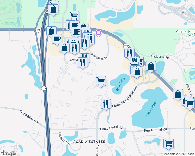 map of restaurants, bars, coffee shops, grocery stores, and more near 8032 Sand Bar Drive in Kissimmee