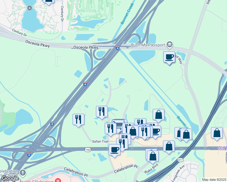 map of restaurants, bars, coffee shops, grocery stores, and more near 3035 Parkway Boulevard in Kissimmee