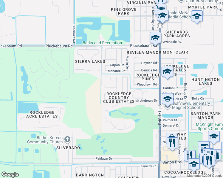 map of restaurants, bars, coffee shops, grocery stores, and more near 1304 Troon Way in Rockledge