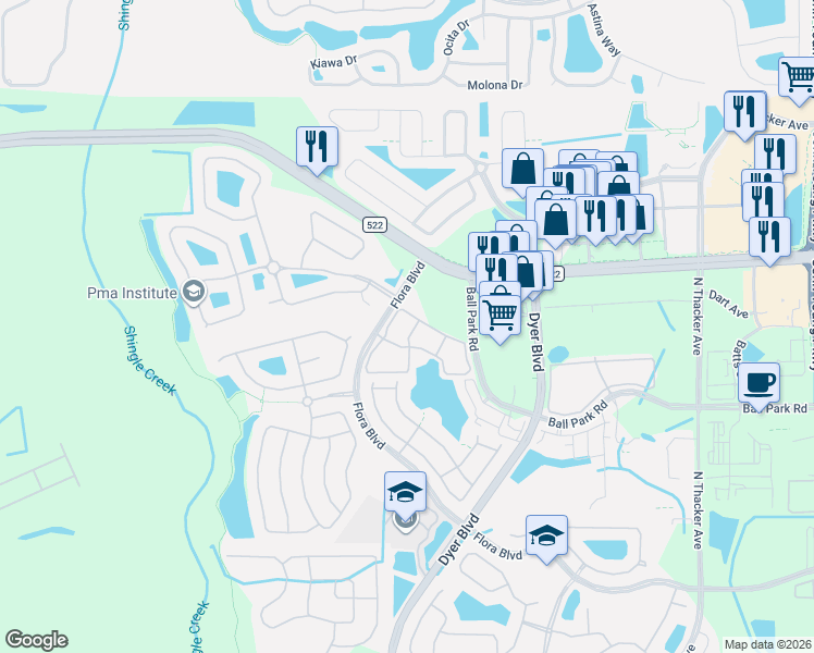 map of restaurants, bars, coffee shops, grocery stores, and more near 3301 Whitestone Circle in Kissimmee
