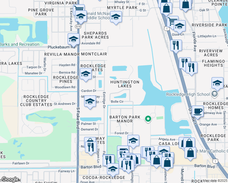 map of restaurants, bars, coffee shops, grocery stores, and more near 1142 Bolle Circle in Rockledge
