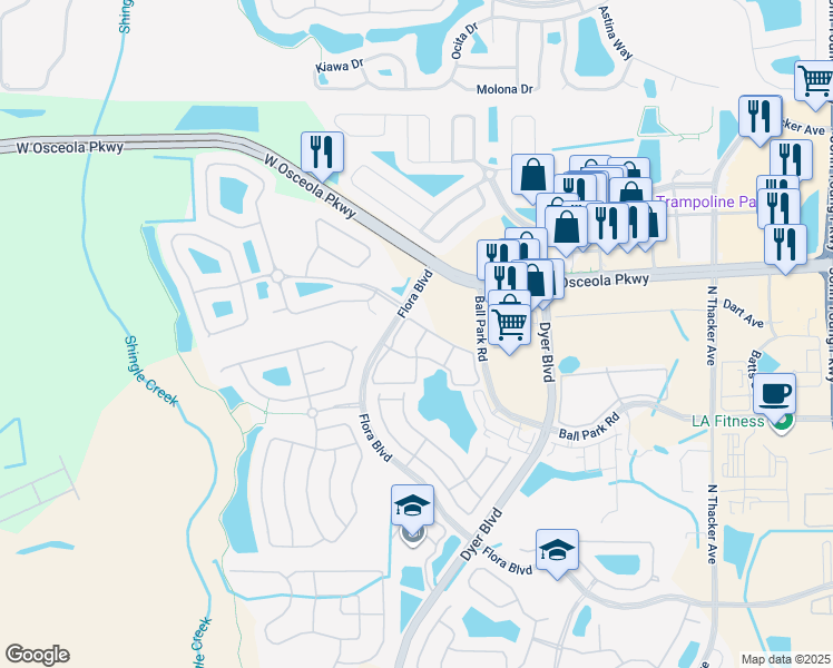 map of restaurants, bars, coffee shops, grocery stores, and more near 3301 Whitestone Circle in Kissimmee