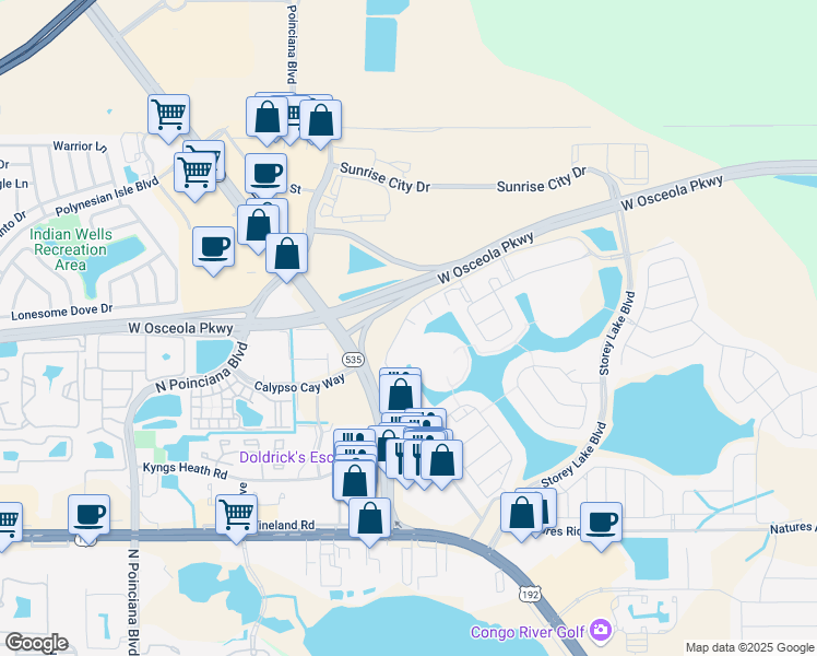 map of restaurants, bars, coffee shops, grocery stores, and more near 3061 Gatsby Street in Kissimmee