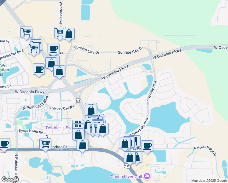 map of restaurants, bars, coffee shops, grocery stores, and more near 3131 Pequod Place in Kissimmee