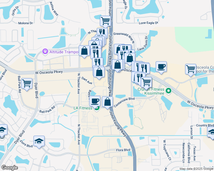 map of restaurants, bars, coffee shops, grocery stores, and more near 1750 Manarola Street in Kissimmee