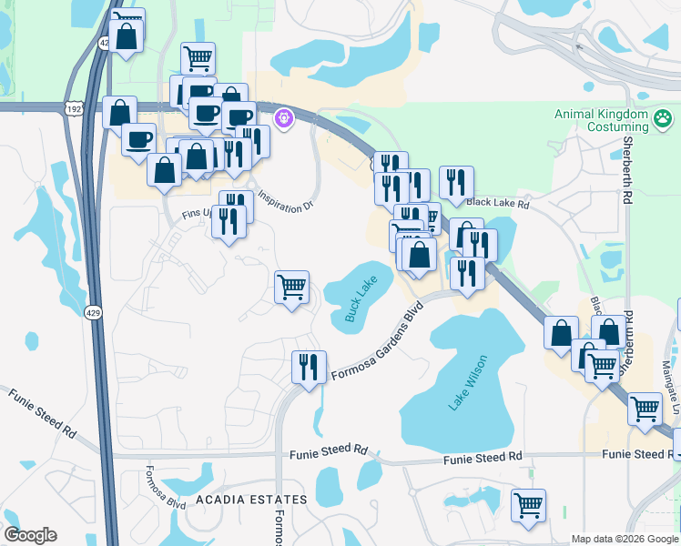map of restaurants, bars, coffee shops, grocery stores, and more near 3091 Key Lime Loop in Kissimmee