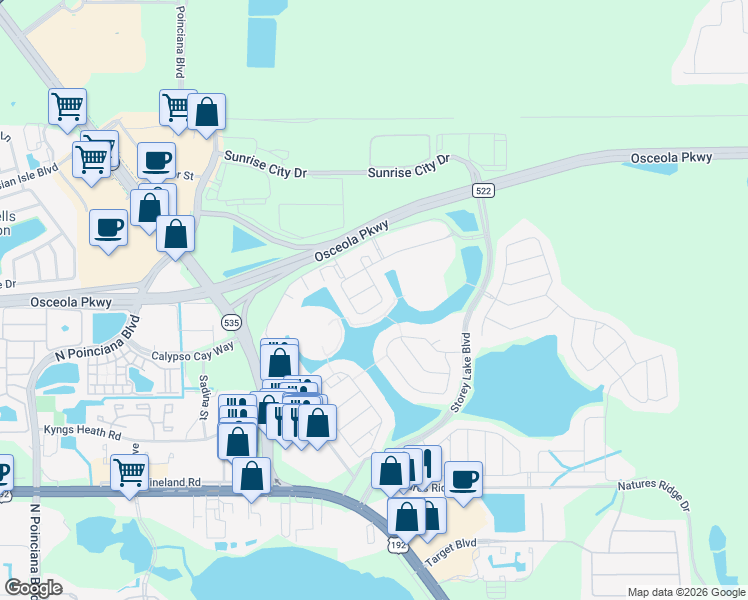 map of restaurants, bars, coffee shops, grocery stores, and more near 3131 Pequod Place in Kissimmee