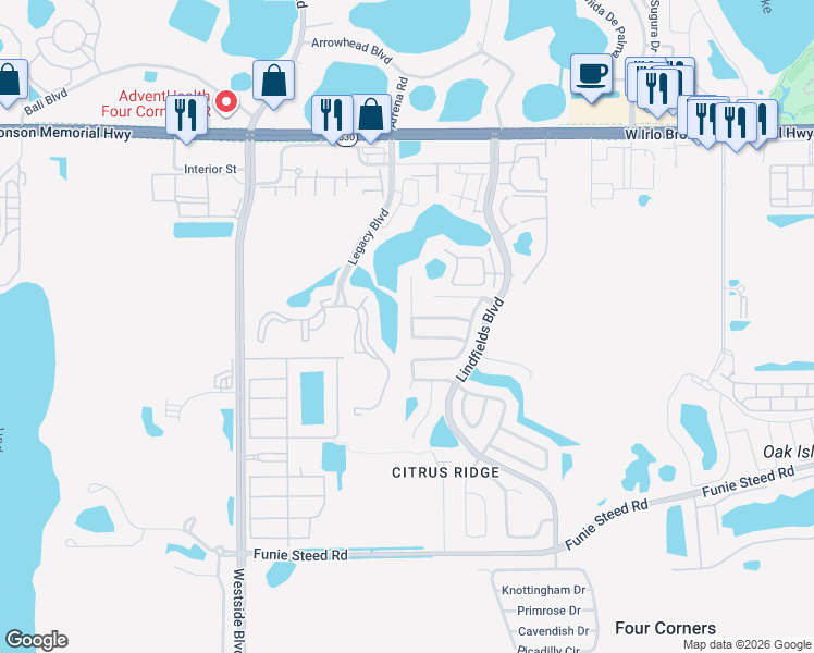 map of restaurants, bars, coffee shops, grocery stores, and more near 8822 Parliament Court in Kissimmee