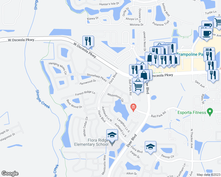 map of restaurants, bars, coffee shops, grocery stores, and more near 3351 Whitestone Circle in Kissimmee