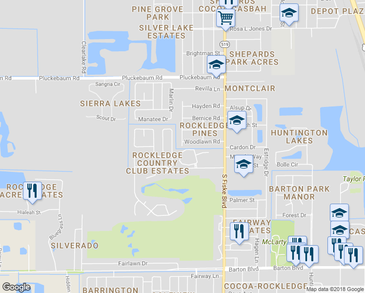 map of restaurants, bars, coffee shops, grocery stores, and more near 1498 Georgia Avenue in Rockledge