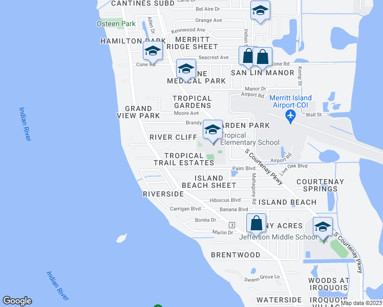 map of restaurants, bars, coffee shops, grocery stores, and more near 164 Oak Grove Lane in Merritt Island