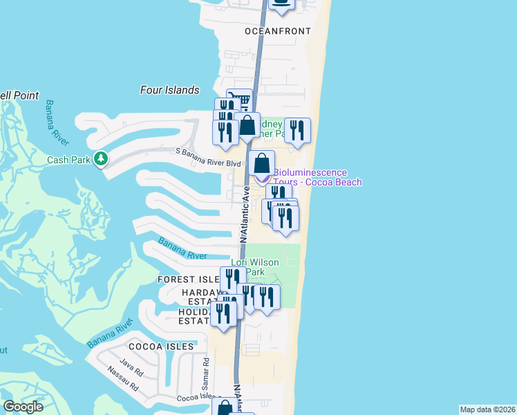 map of restaurants, bars, coffee shops, grocery stores, and more near in Cocoa Beach