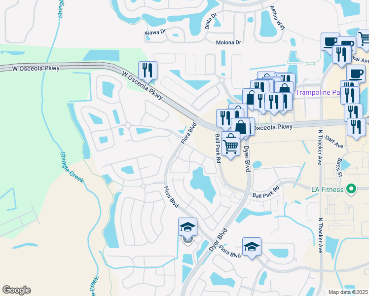 map of restaurants, bars, coffee shops, grocery stores, and more near 3107 Pebble Court in Kissimmee