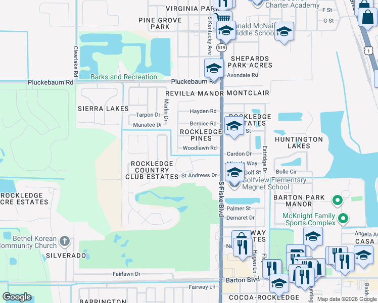 map of restaurants, bars, coffee shops, grocery stores, and more near 1104 Woodlawn Road in Rockledge
