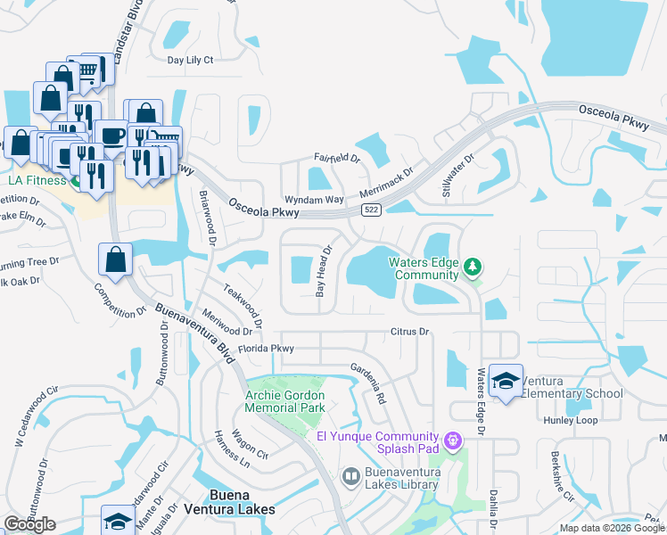 map of restaurants, bars, coffee shops, grocery stores, and more near 231 Bay Head Drive in Kissimmee