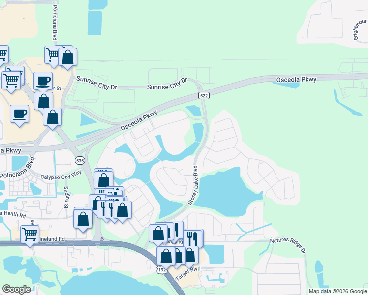 map of restaurants, bars, coffee shops, grocery stores, and more near 3150 Paradox Circle in Kissimmee