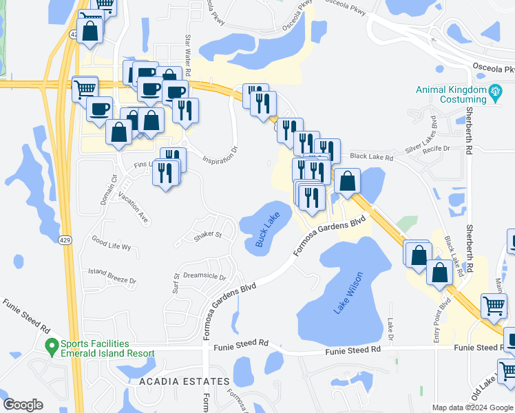map of restaurants, bars, coffee shops, grocery stores, and more near 3164 Sun Lake Court in Kissimmee