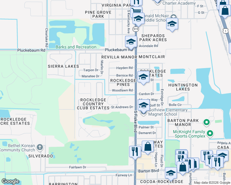 map of restaurants, bars, coffee shops, grocery stores, and more near 1104 Woodlawn Road in Rockledge