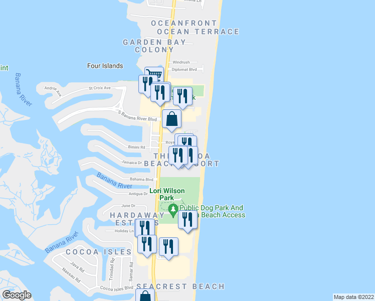 map of restaurants, bars, coffee shops, grocery stores, and more near 1860 North Atlantic Avenue in Cocoa Beach