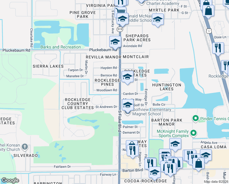 map of restaurants, bars, coffee shops, grocery stores, and more near 1008 Woodlawn Road in Rockledge