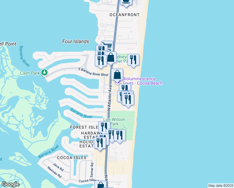 map of restaurants, bars, coffee shops, grocery stores, and more near 1700 North Atlantic Avenue in Cocoa Beach